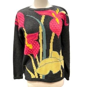 VINTAGE Anne Pinkerton APE Bold Floral Sweater SZ S Grey